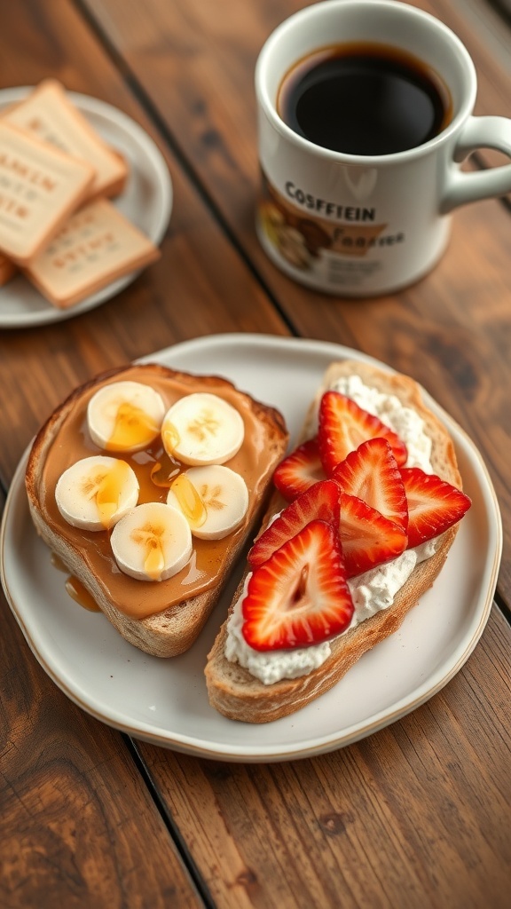 Delicious Sweet Toast Recipes A plate of sweet toast topped with peanut butter and bananas, and ricotta with strawberries, on a wooden table.